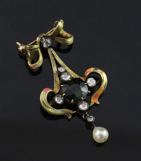 A late Victorian gold, green tourmaline, diamond and pearl set drop pendant, overall 1.5in.